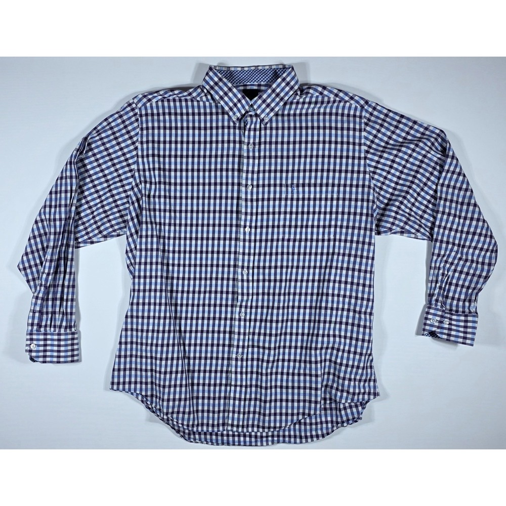 Tailorbyrd Collection Mens XXL Blue Purple Gingham Cotton Button Down Shirt Logo